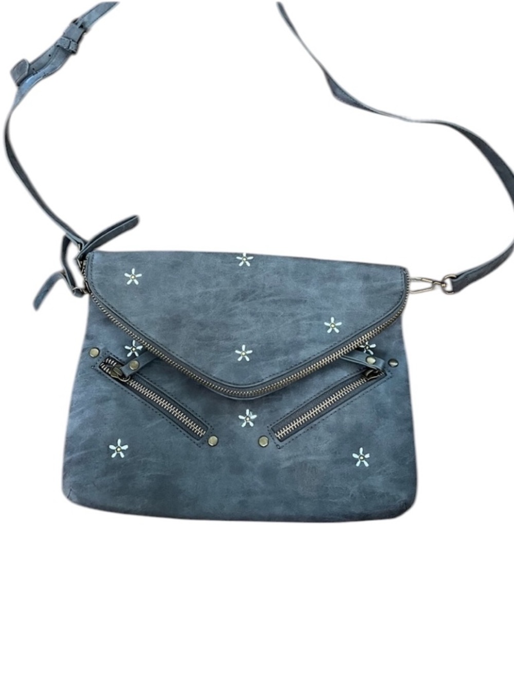 NWOT Gray Crossbody Daisy Embroidered Flowers Faux Leather Vegan Boho Casual
